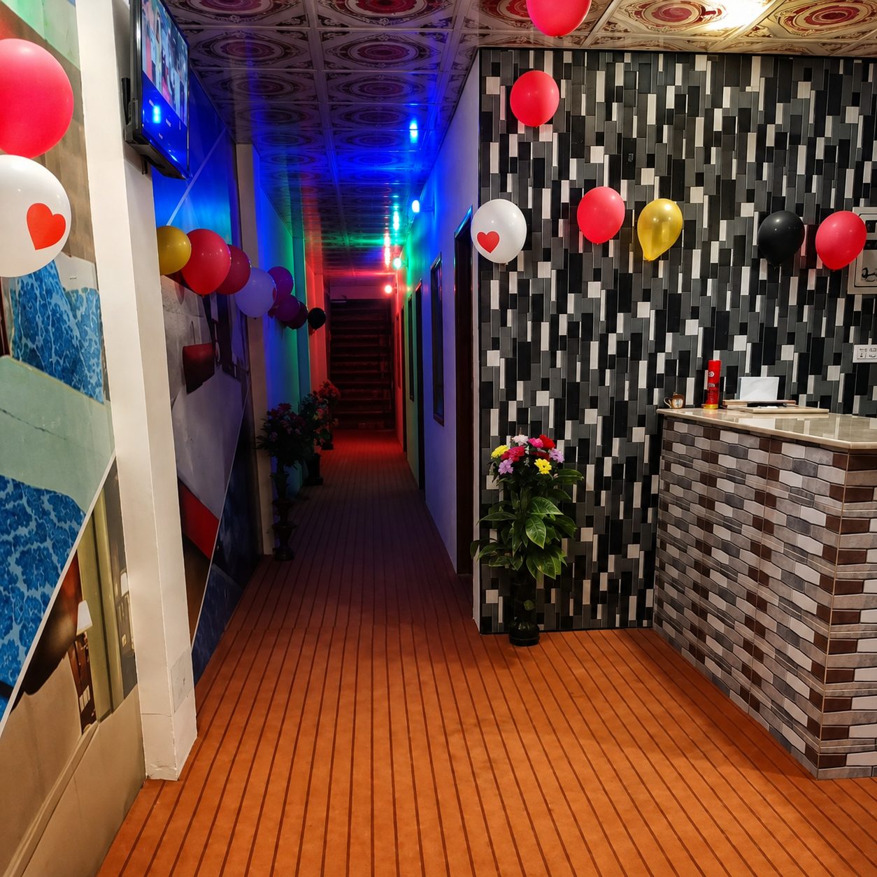 Hotel corridor with warm evening lighting